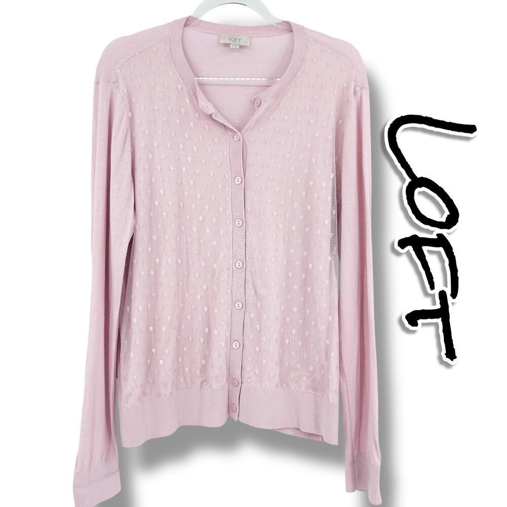 LOFT Pink Silver Swiss Dot Lace Cardigan Button Front Sheer Overlay Womens Sz XL